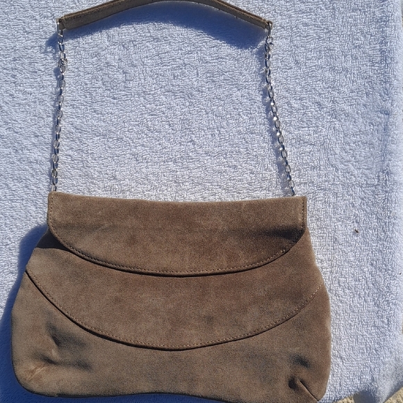 Elegant Tan Suede Clutch with Floral Accent By Swarvoski. - Picture 8 of 9